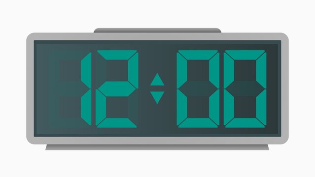 Modern bedside digital alarm clock icon displaying twelve o'clock in glowing cyan LED numbers for time management design.