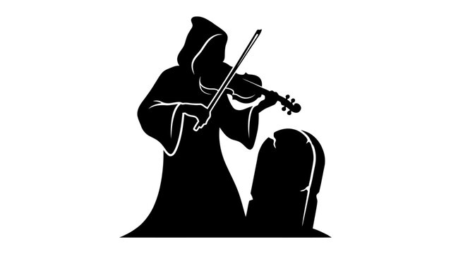 Grim Serenade: A hooded figure, representing death, plays a violin beside a tombstone, a melancholic melody echoing the eternal silence of the grave.