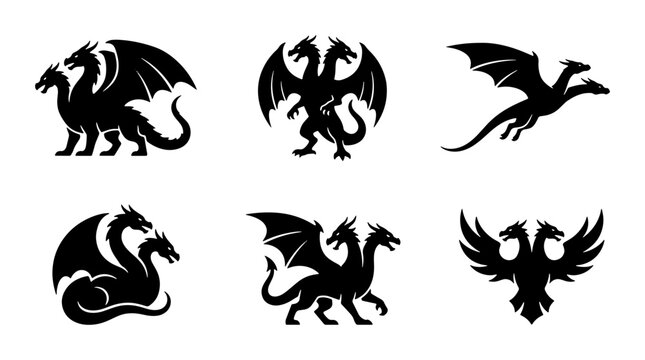 Two-headed dragon silhouettes set with mythical creatures for fantasy logos and emblems