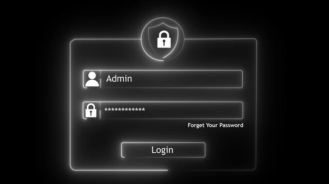 Digital cyber security login interface featuring glowing neon shield and admin authentication fields for secure user access, data protection,and modern web application development concept animation.4k