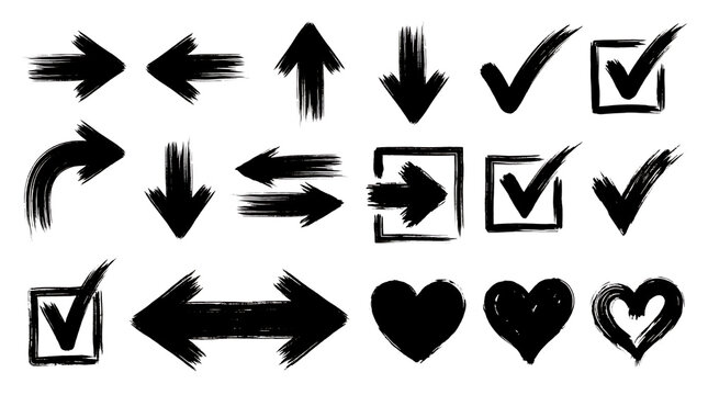 Set of hand drawn brush stroke arrows and check mark icons with heart symbols