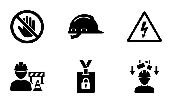 Work safety icons set with hard hat, danger signs, restricted area and falling objects for industry and construction