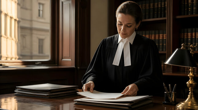 Woman reviewing documents at ornate wooden desk office setting formal atmosphere