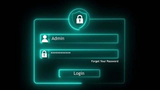 Digital cyber security login interface featuring glowing neon shield and admin authentication fields for secure user access, data protection,and modern web application development concept animation.4k