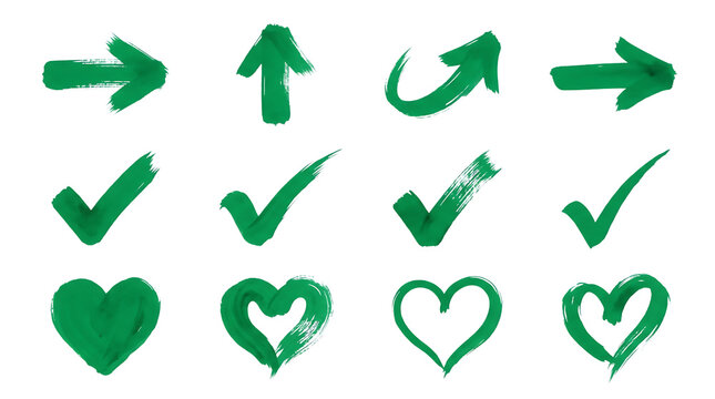Set of green hand drawn arrows check marks and heart shapes with a brush stroke texture for creative design projects