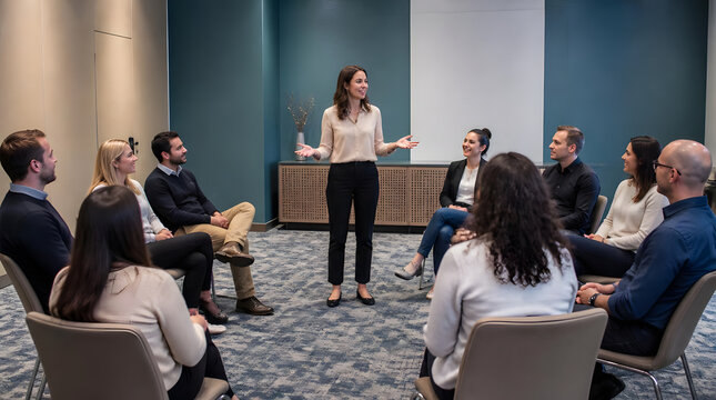 Female corporate trainer speaking to audience gesturing modern decor blue white walls chairs seminar room