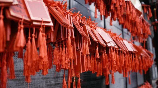 Red Wooden Wish Plaques with Tassels Hanging at a Temple
