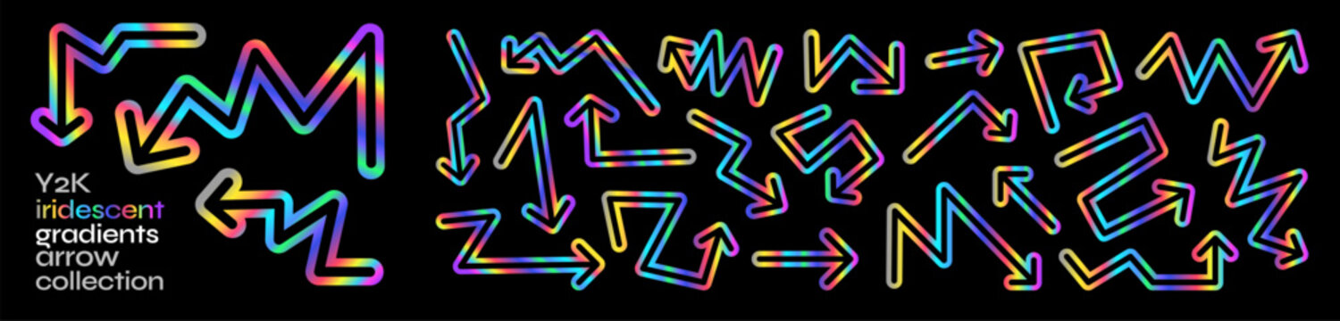 Iridescent gradient arrow set, colorful Y2K holographic zigzag arrow vector illustration