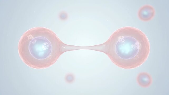 Two pink cells with blue nuclei separating through a thin bridge
