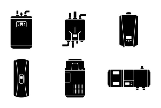 Water heater silhouettes set with different models for domestic hot water systems and heating for appliance design