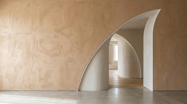 Architectural detail of a modern building with a curved doorway and textured wall