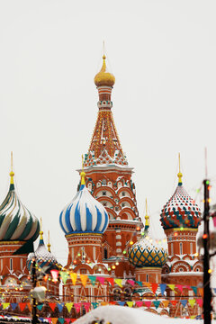 Colorful Domes of Saint Basil's Cathedral in Moscow Under Snow