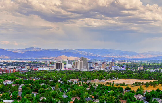 Aerial View of the Downtown Reno Nevada Downtown Cityscape on an overcast day.