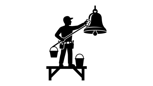 Bell Ringer Cleaning: A silhouette of a bell ringer diligently cleans a large bell while perched on a wooden stand, two buckets at his feet.
