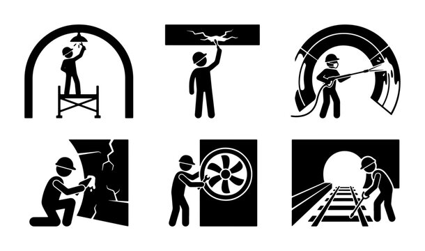 Tunnel maintenance silhouettes set with workers repairing, cleaning, installing fan and railway track for infrastructure design