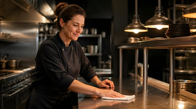 Female chef cleaning counter professional kitchen focused smiling black jacket realistic three quarter shot