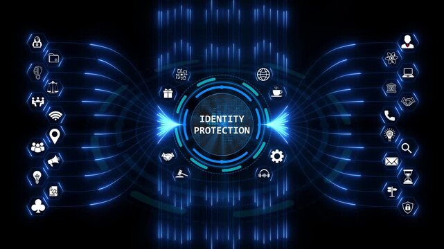 Identity protection concept shown through cyber security systems and personal data privacy safety protocols managed by a digital access shield gateway