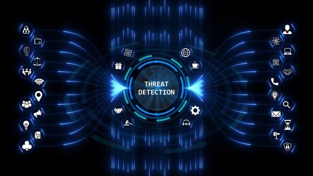 Threat detection interface with advanced cyber security monitoring system displaying protection networks for real time digital risk management