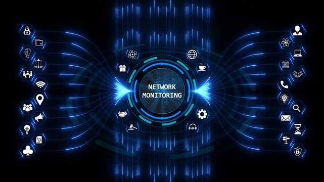 Network monitoring dashboard with cybersecurity data analytics infrastructure showing server uptime metrics for internet traffic and IT systems