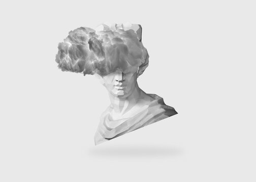 Retro Modern Greek Apollo statue with a cloud that obscures the identity. internet web punk cyber background concept style.