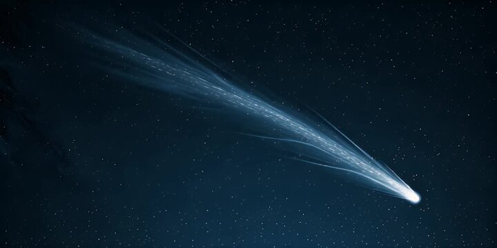 A bright comet streaks through a star-filled deep blue cosmos