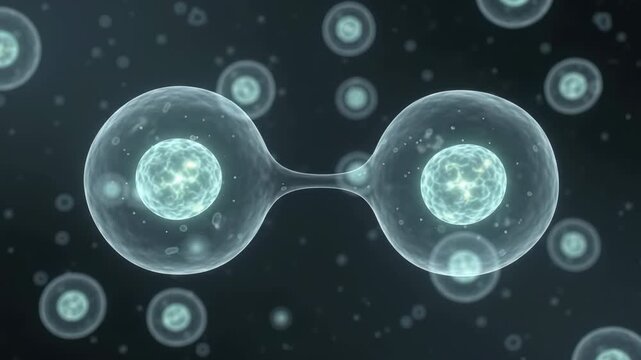 Dividing cell with glowing teal nuclei stretching apart in dark space