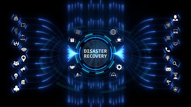 Disaster recovery data protection concept displayed on a futuristic interface, showing how digital business continuity planning keeps systems safe.