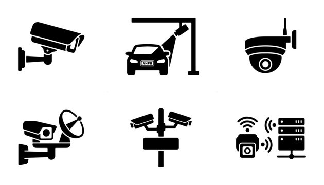 Security camera silhouettes set with surveillance, ANPR, CCTV, satellite dish and server for technology and monitoring