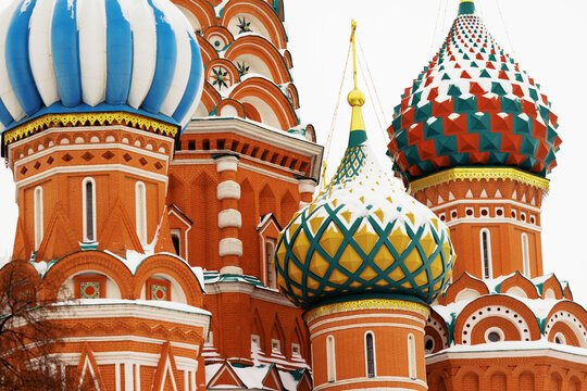 Colorful Domes of St. Basil's Cathedral in Winter Scenery