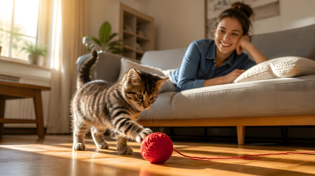 Kitten playfully batting yarn ball woman smiling couch hardwood floor sunlight bookshelf plants living room