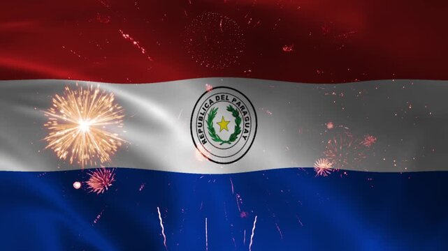  Paraguay flag waving with national coat of arms and fireworks bursting behind, seamless loop realistic fabric cloth animation on dark night background wallpaper