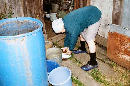 An elderly woman is washing potatoes in a bucket.