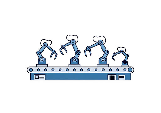 Flat icon of an automated assembly line with robotic arms, isolated on transparent background.