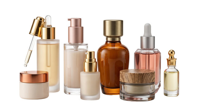 Luxury cosmetic bottles set, serum dropper containers and facial cream jars, beauty product packaging on white background