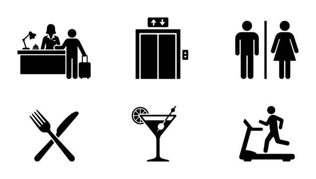 Hotel icons: check-in, elevator, restroom, dining, and gym for logo