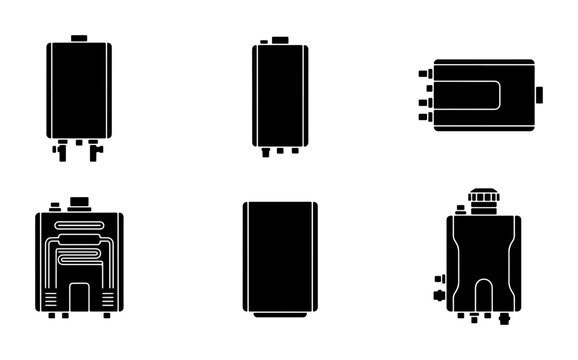 Water heater silhouettes set with various models for plumbing and home appliances