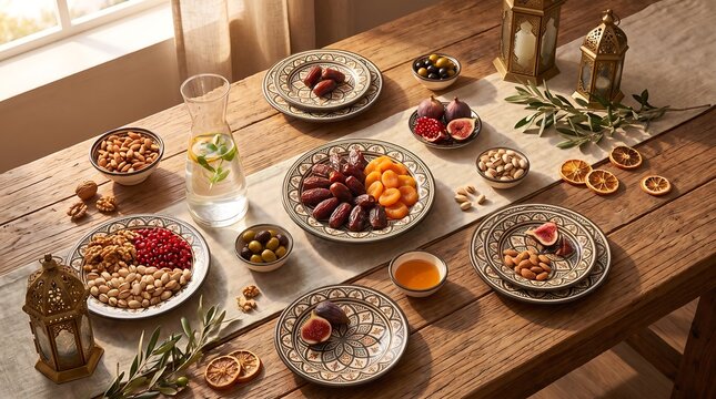 A beautifully arranged wooden table laden with an assortment of dried fruits, nuts, fresh figs, and decorative plates, set for a festive gathering.