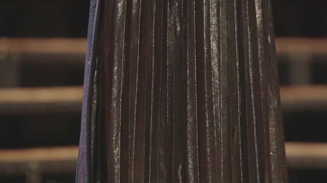 Tilt Up Shot of an Unrecognizable Asian Young Female Singer Standing on a Wooden Stage During a Live Performance. Wearing a Shimmering Metallic Pleated Dress and Sparkly Shoes