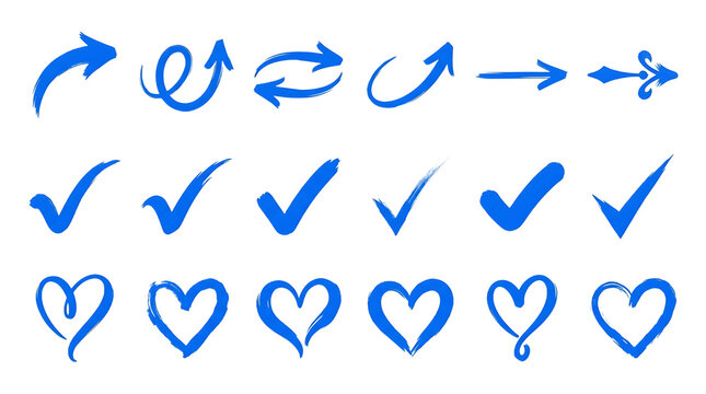 Set of blue hand drawn arrows check marks and heart shapes isolated elements for design