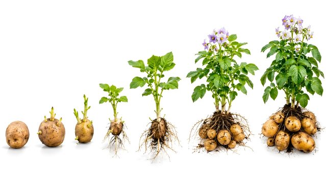 A photorealistic botanical growth sequence showing the complete life cycle of a potato plant, arranged from left to right in clear chronological stages: dormant potato tuber, sprouting eyes, young gre