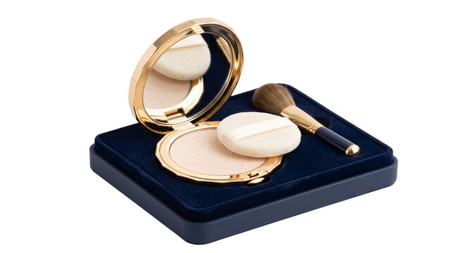 Luxury gold compact powder mirror set, elegant makeup cosmetic powder case with puff brush, isolated white background