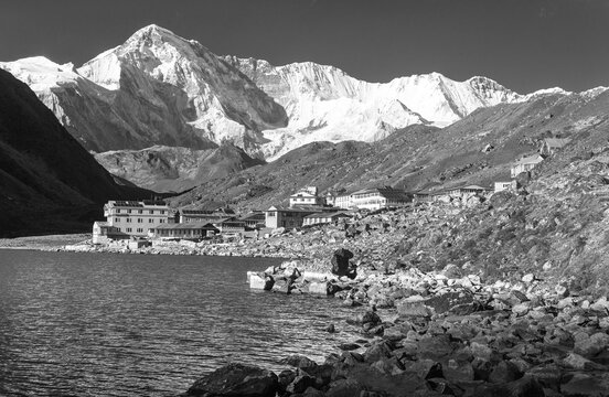 Gokyo lake and Gokyo village with mount Cho Oyu