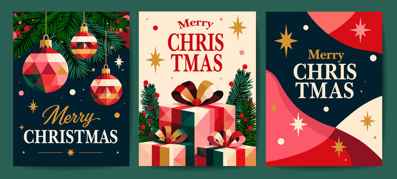 Set of festive Christmas greeting card designs featuring. Modern retro-inspired holiday artwork in a rich red, green, cream, pink and navy color palette, ideal for Christmas cards, winter stationery