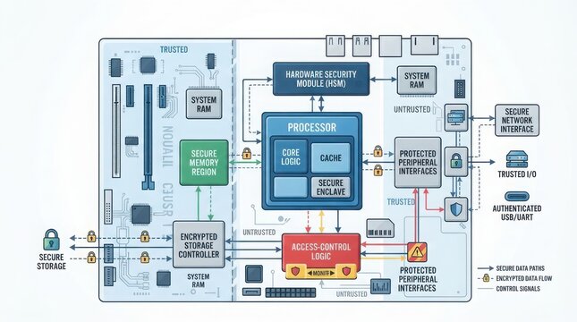 A detailed architectural diagram of a secure hardware system and processor components