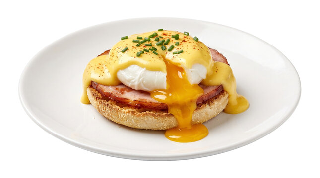 Classic eggs benedict with runny yolk, toasted english muffin with ham and hollandaise sauce, gourmet breakfast dish with fresh chives isolated PNG with Transparent Background