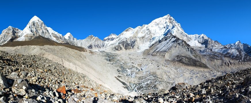 Khumbu glacier Mount Nuptse and Pumori peak with Kala Patthar