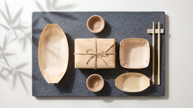 Biodegradable Food Packaging Flatlay: Japanese Kyougi Bento Mockup