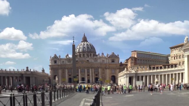 Panoramic View of St Peters Basilica and St Peters Square Filled With Blurred Tourists, Vatican City, Rome, Italy