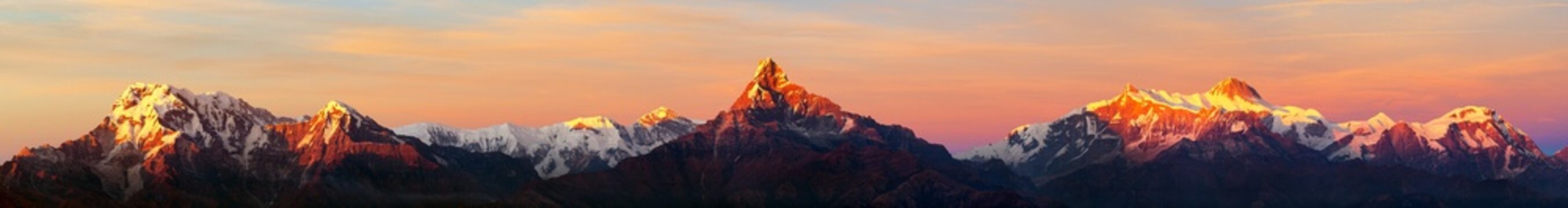 mount Annapurna peak and mount Machapuchare sunset view