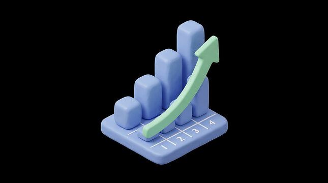 3D Render of Clay Style Bar Chart with Upward Arrow Representing Financial Growth Success and Data Analytics Isolated on Dark Background